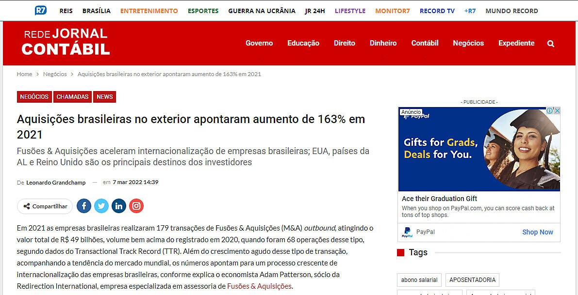 Aquisies brasileiras no exterior apontaram aumento de 163% em 2021